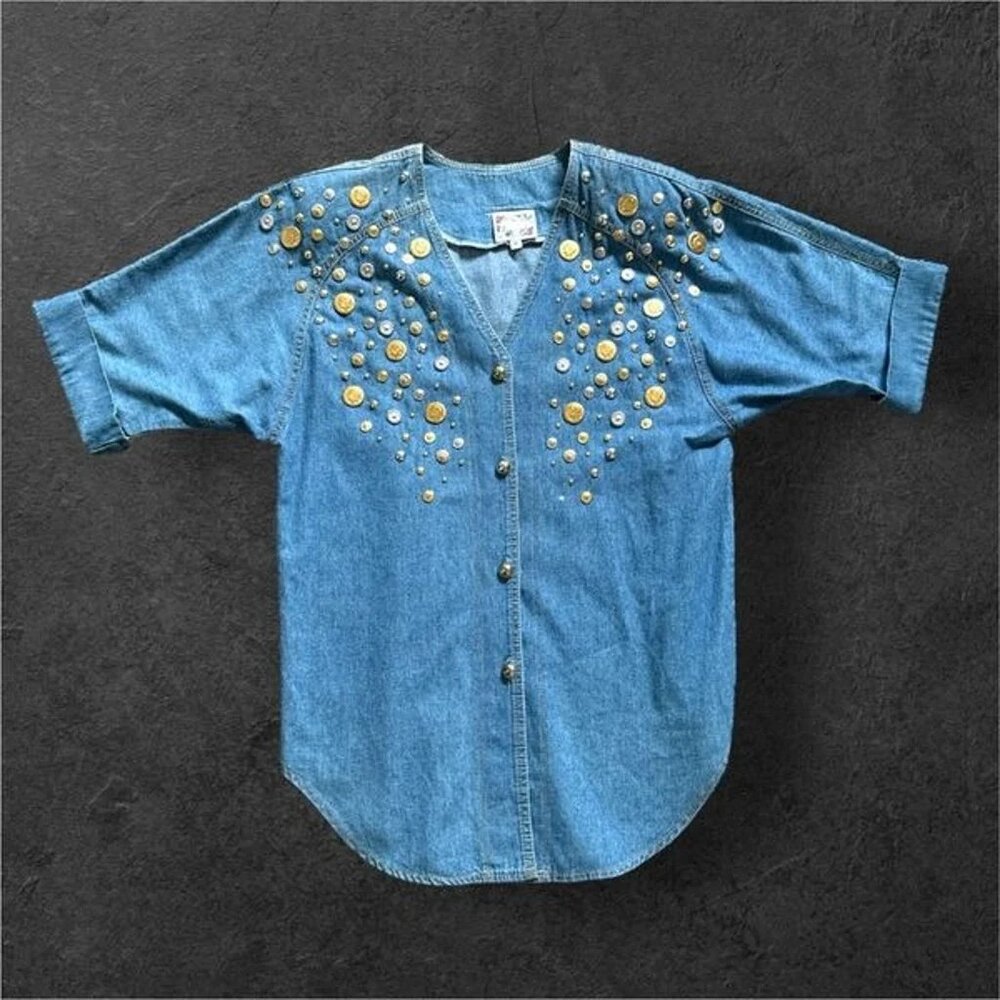 Vintage Monique Fashions made in USA rhinestone coin denim top sz 8
